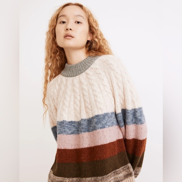 Madewell Deacon Cableknit Mockneck Sweater in Stripe - Picture 1 of 7